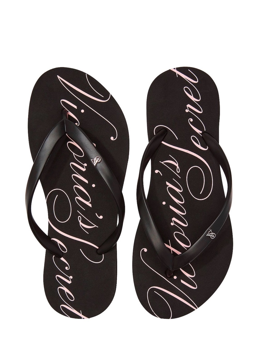 Victoria's Secret Black Flip Flop Sandals with Pink Script Logo